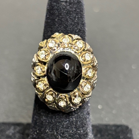 Jewelry - Vintage Black Stone Cabochon Rhinestone Oval Cocktail Adjustable Ring